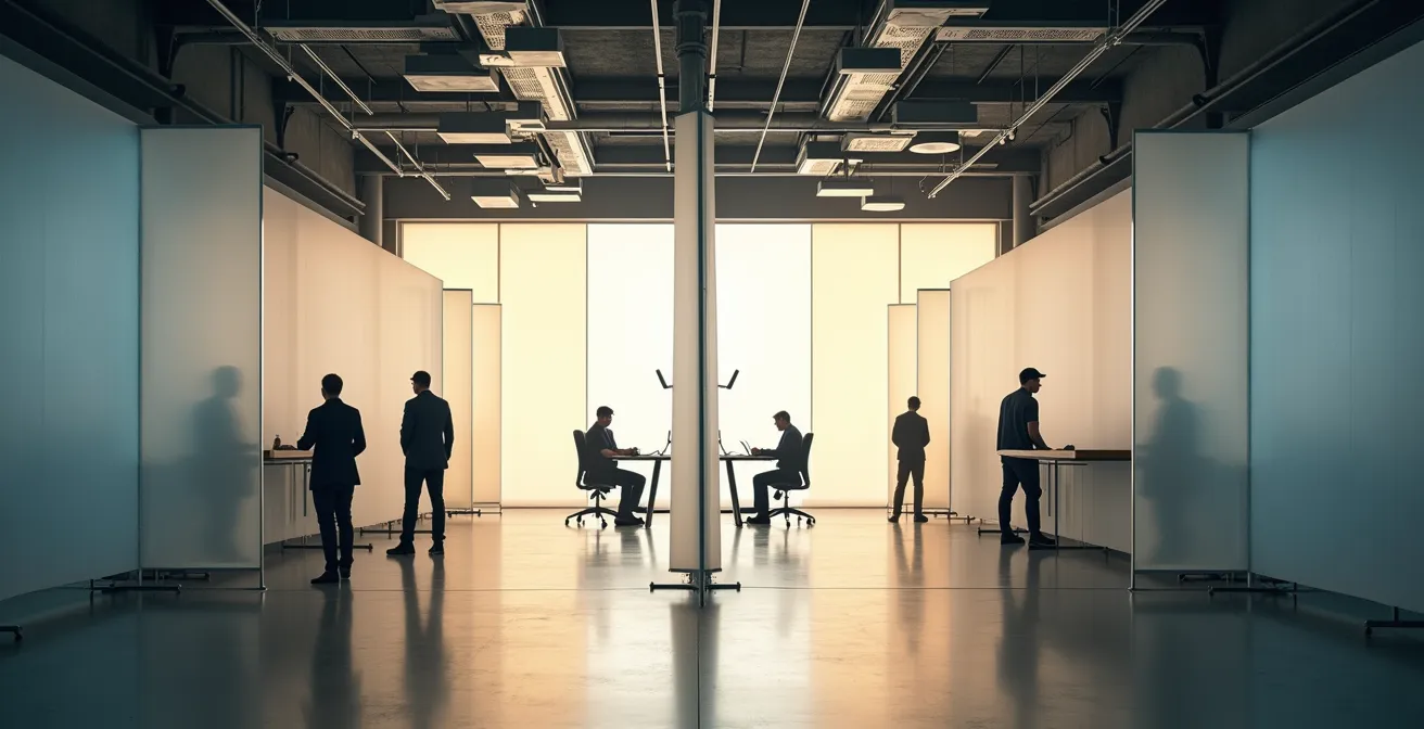 Visual representation of acoustic zones in a factory with sound-absorbing materials