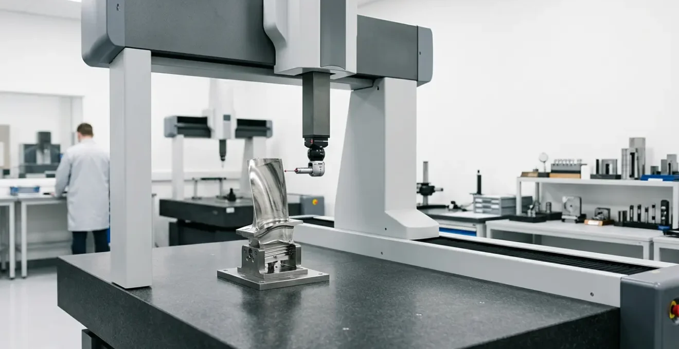 High-precision metrology setup with aerospace turbine blade being measured by coordinate measuring machine