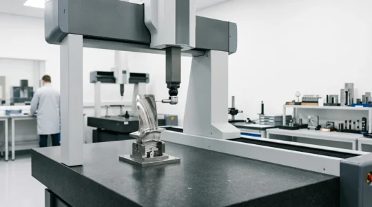 High-precision metrology setup with aerospace turbine blade being measured by coordinate measuring machine