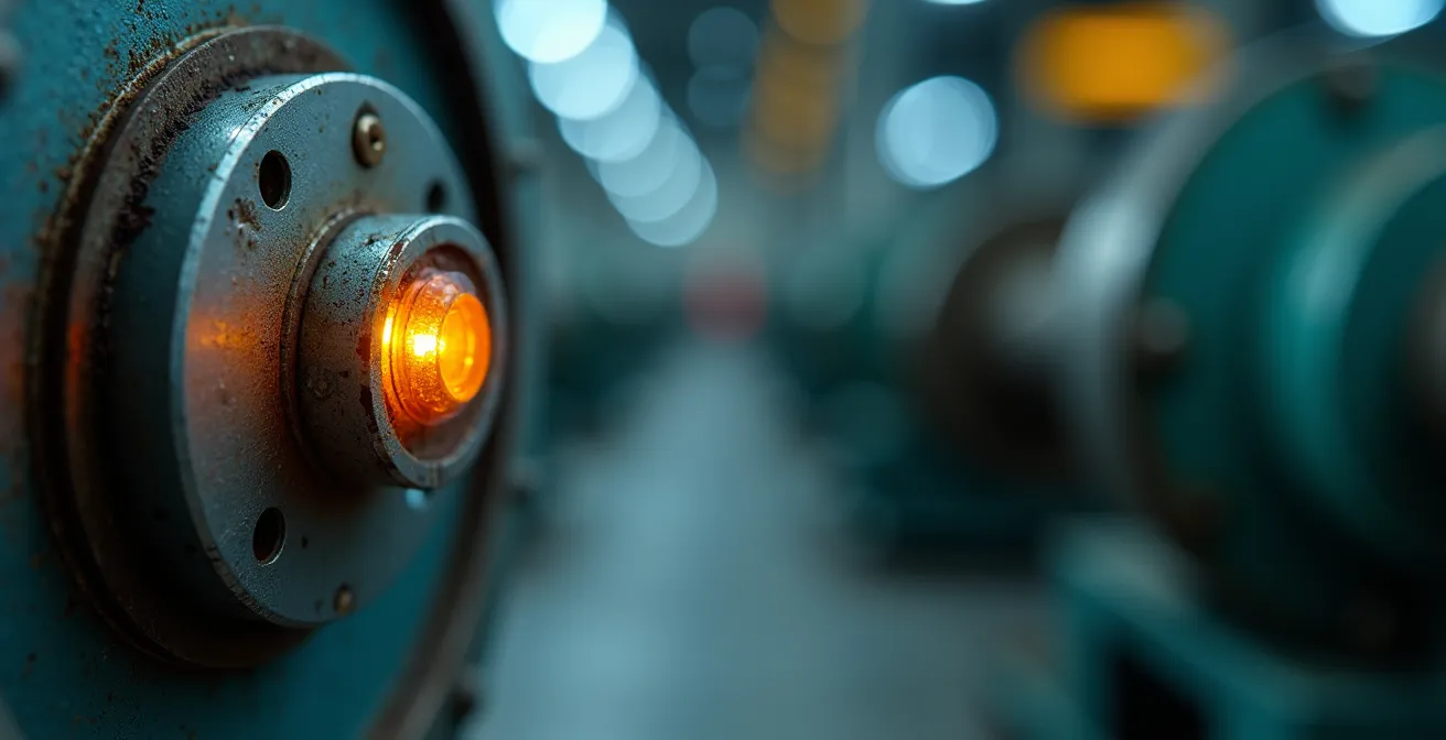 Close-up macro view of industrial sensors collecting vibration and temperature data from machinery