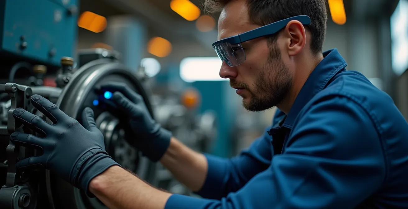 Technician wearing AR glasses receiving remote guidance while repairing industrial equipment