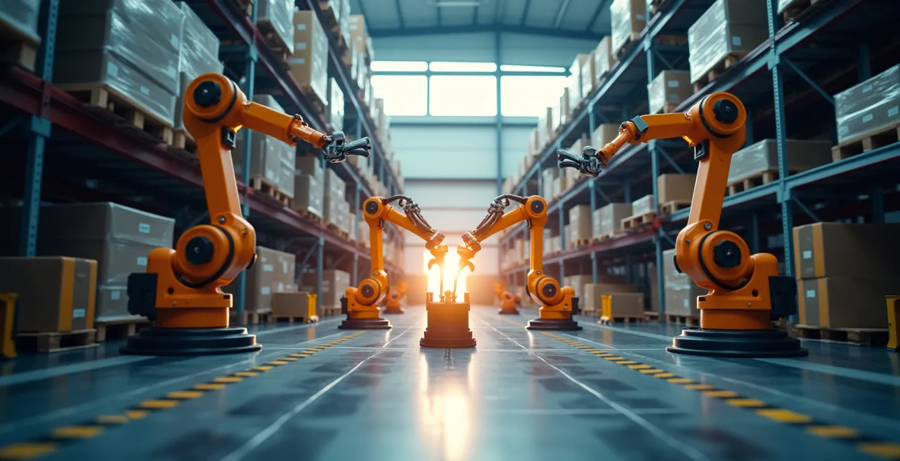 Futuristic warehouse interior showing automated systems with symbolic light patterns