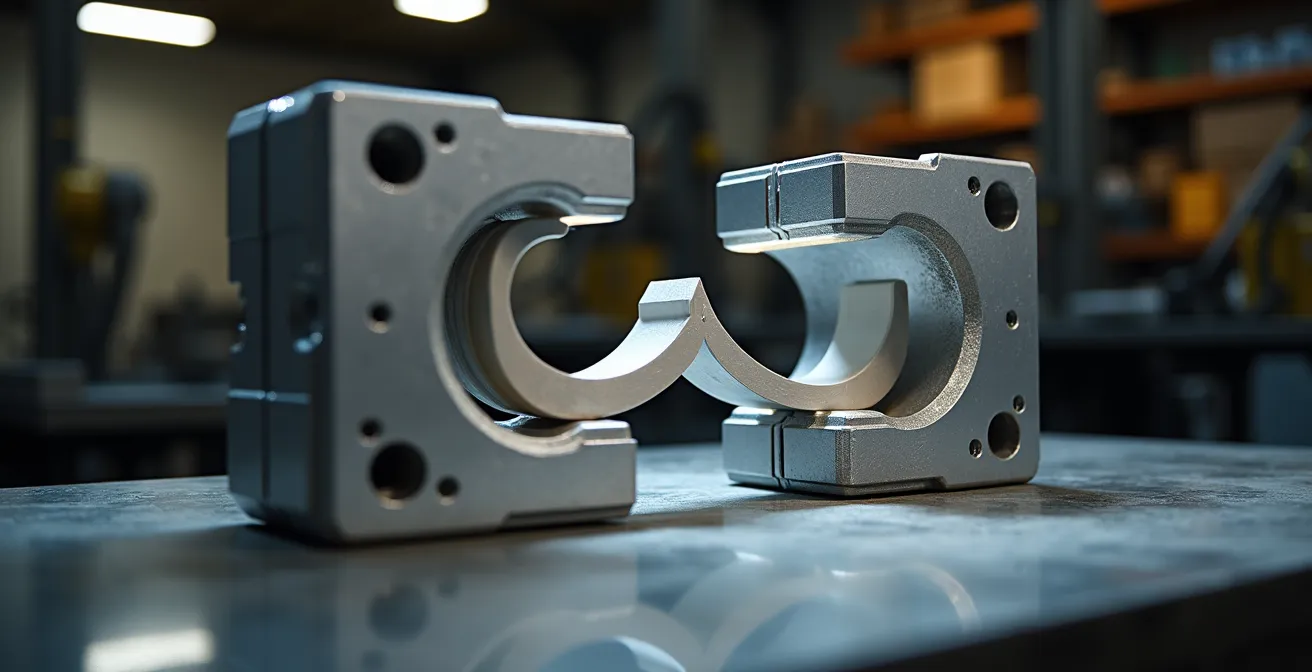 Split soft tooling mold opened to reveal a finished part, showing the transition from prototype to small batch production