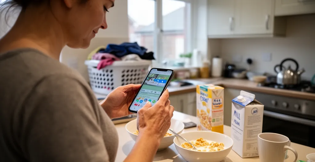 Parent managing breakfast and phone during morning routine with laundry visible