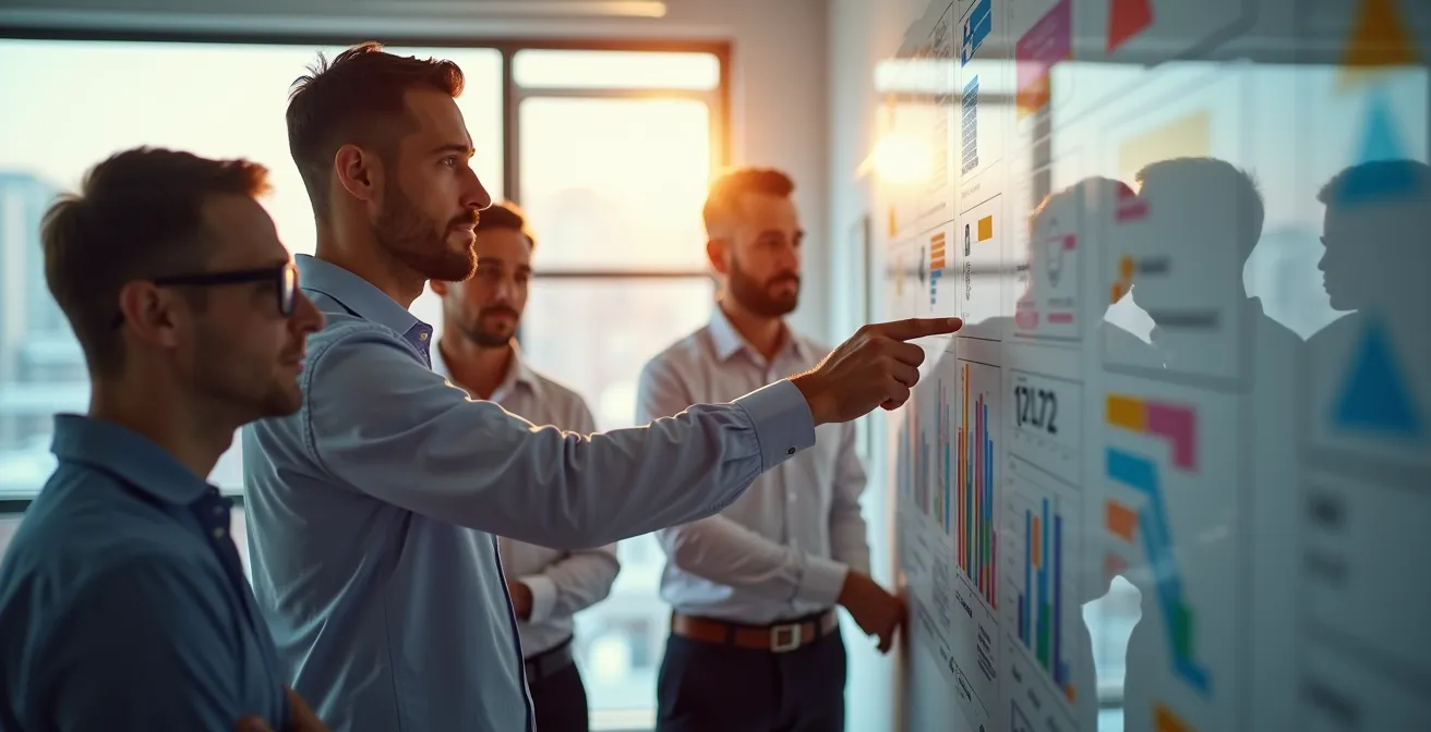 Manufacturing team reviewing corrective action progress charts on wall display