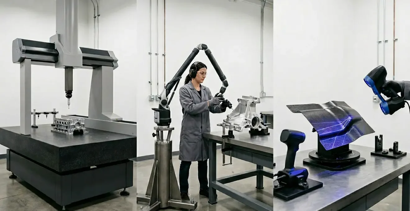 Industrial metrology equipment comparison showing CMM, portable arm, and 3D scanner in modern manufacturing facility