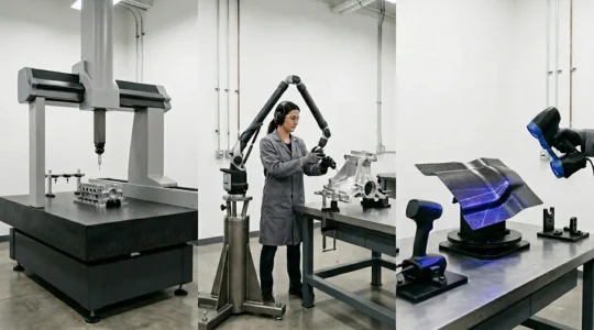 Industrial metrology equipment comparison showing CMM, portable arm, and 3D scanner in modern manufacturing facility