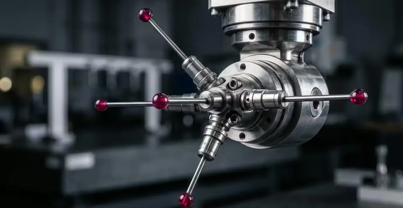 Macro shot of CMM stylus constellation showing multiple probe tips