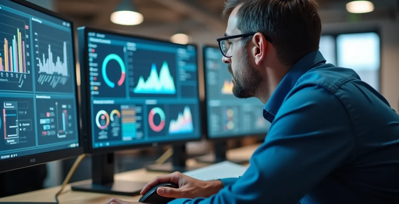 Office worker viewing CMMS dashboard with sensor alerts on computer screen