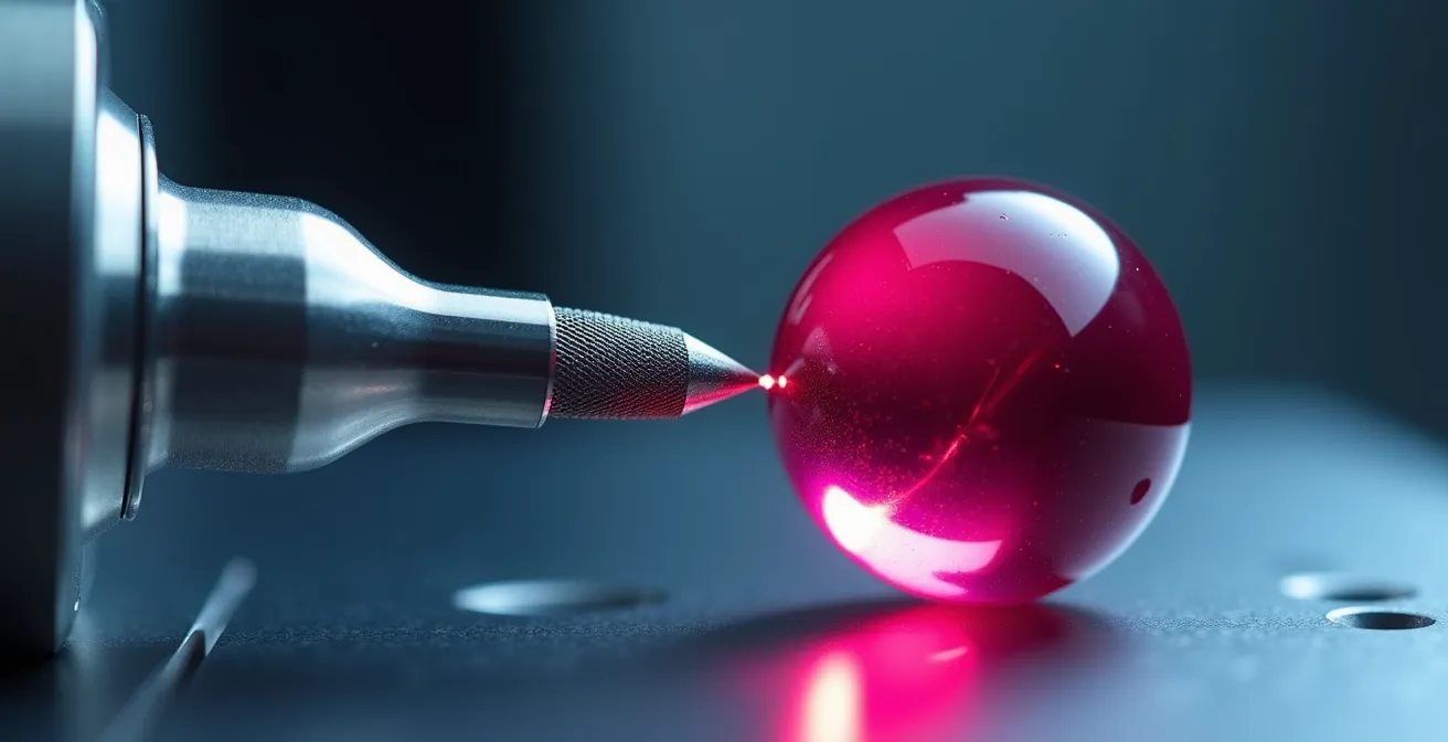 Extreme close-up of CNC touch probe calibrating against ruby reference sphere