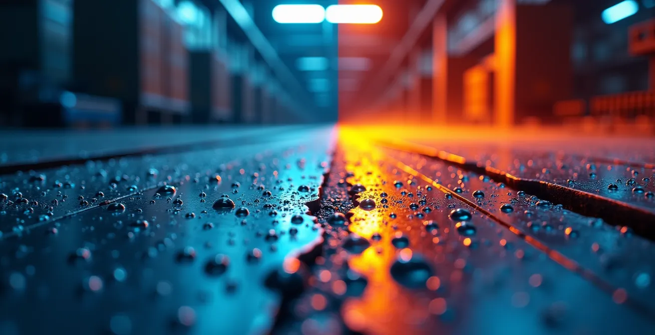 Thermal imaging view of electronic equipment showing temperature gradients and moisture patterns