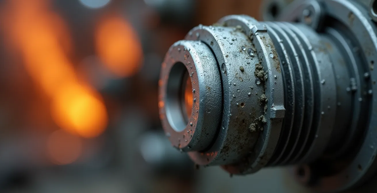 Extreme close-up of CEMS sensor probe installed on industrial stack showing intricate monitoring technology