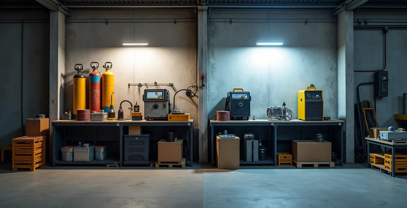 Split-screen comparison showing traditional welding area with gas cylinders versus clean FSW station without consumables