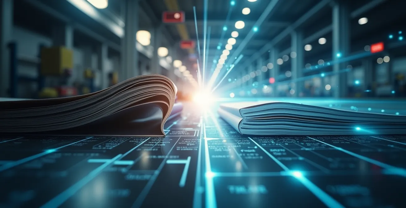 Split-screen visualization showing raw machine logs transforming into structured predictive maintenance dashboard