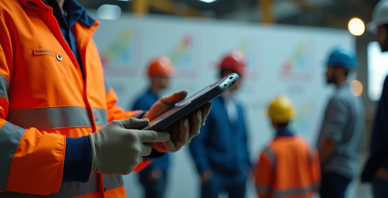 Workers using a tablet-based digital reporting system on the factory floor, with visible safety improvements displayed in the background.