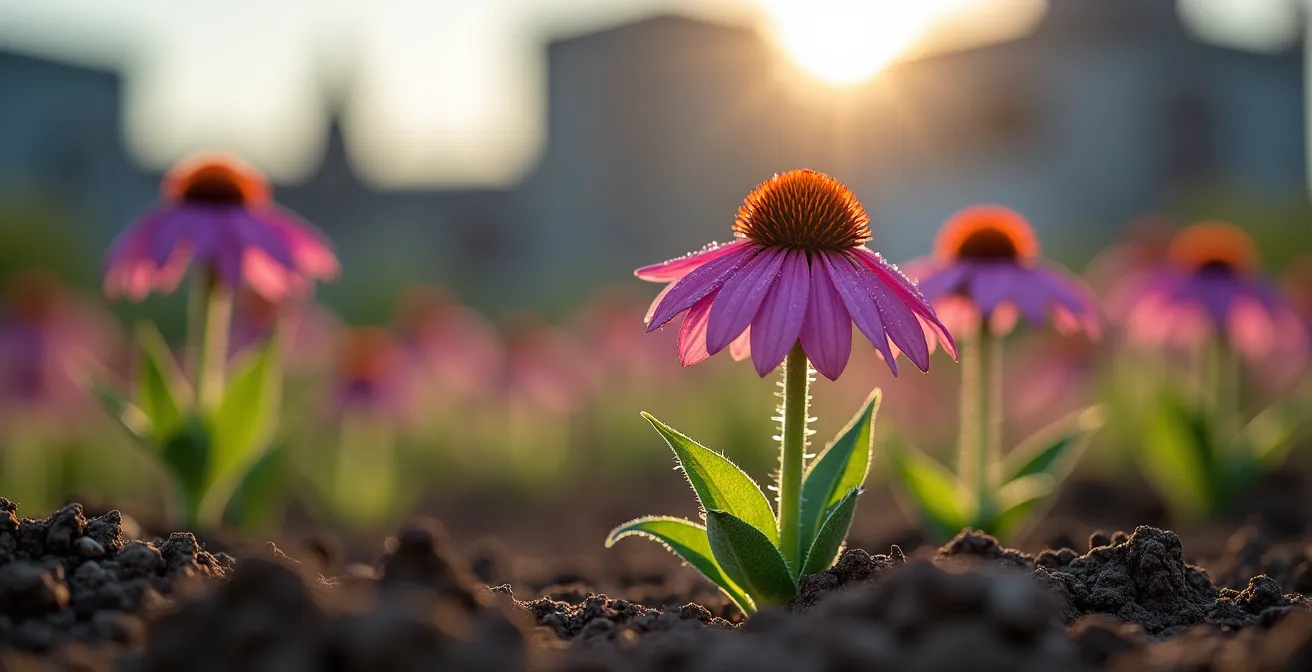 Extreme close-up of drought-resistant native wildflowers thriving in dry industrial soil