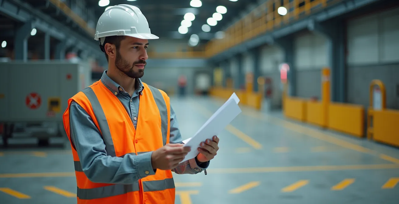 Industrial professional examining zone classification documentation in a manufacturing facility
