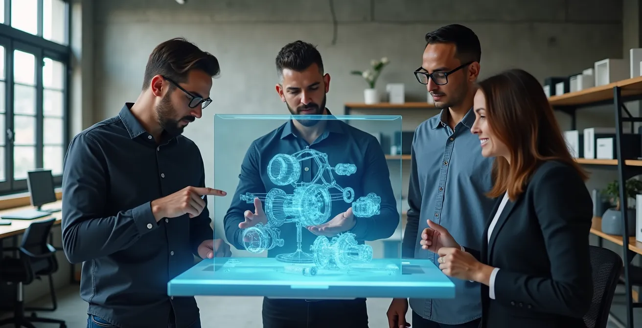 Engineers and designers collaborating around a holographic digital twin model in a modern design studio