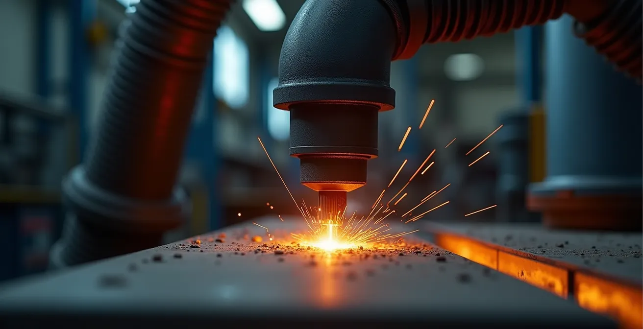 Close-up view of extraction arm positioned at optimal distance from welding arc