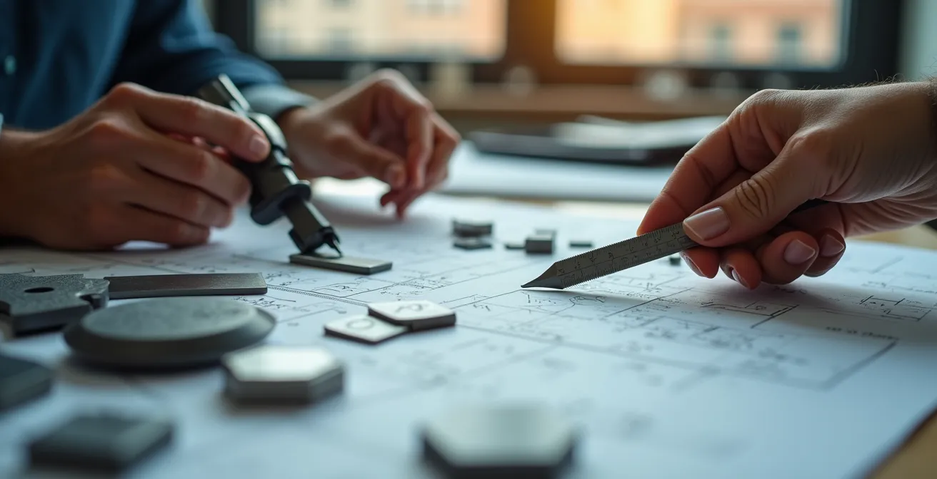 Engineer reviewing technical specifications at drafting table with 3D printed prototypes