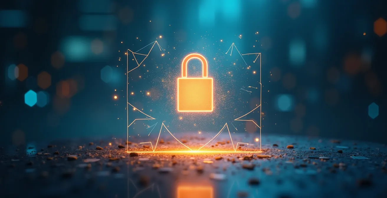 Abstract visualization of data protection showing a padlock symbol protecting worker data.