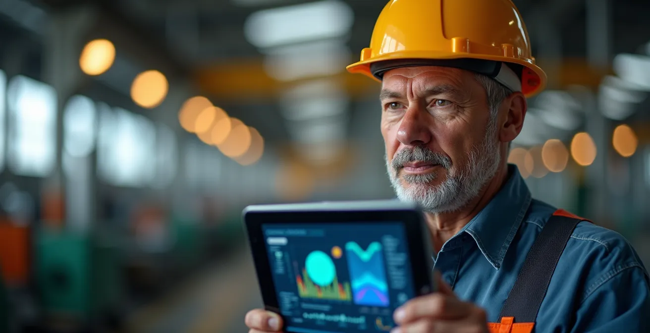 Factory operator reviewing AI recommendations on tablet with production line in background