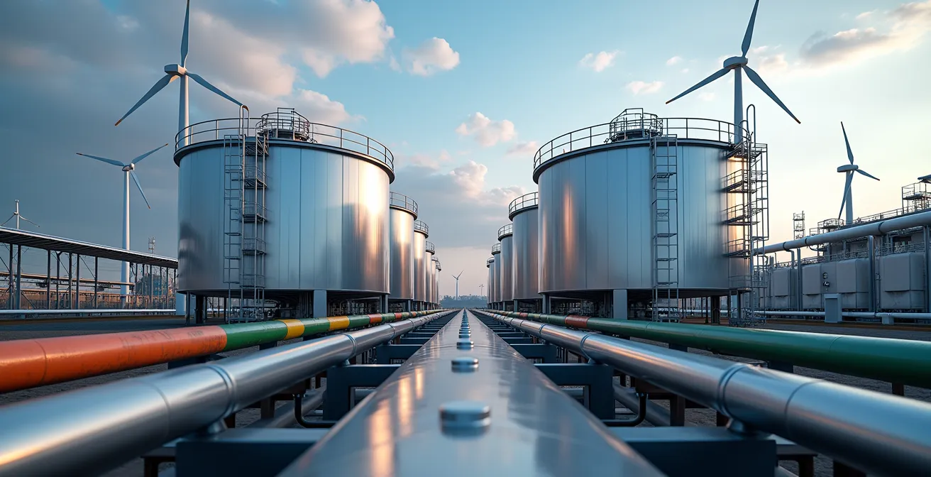 Futuristic industrial facility with hydrogen storage tanks and renewable energy systems