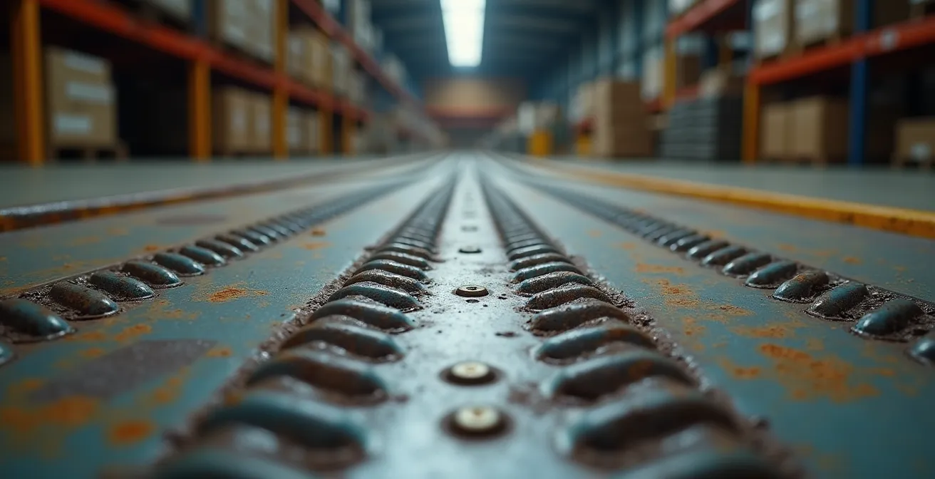 Close-up macro shot of dock leveler mechanism showing wear patterns from irregular usage