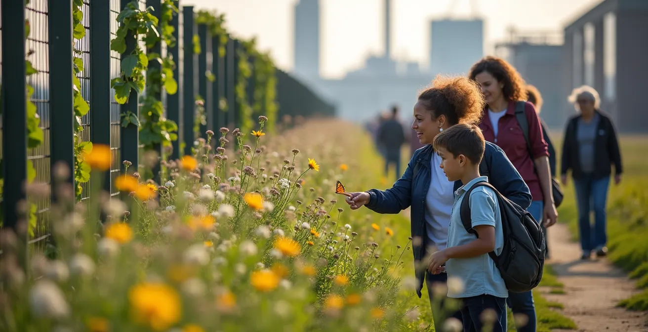 People walking along a nature trail beside an industrial site perimeter with wildflowers and information points