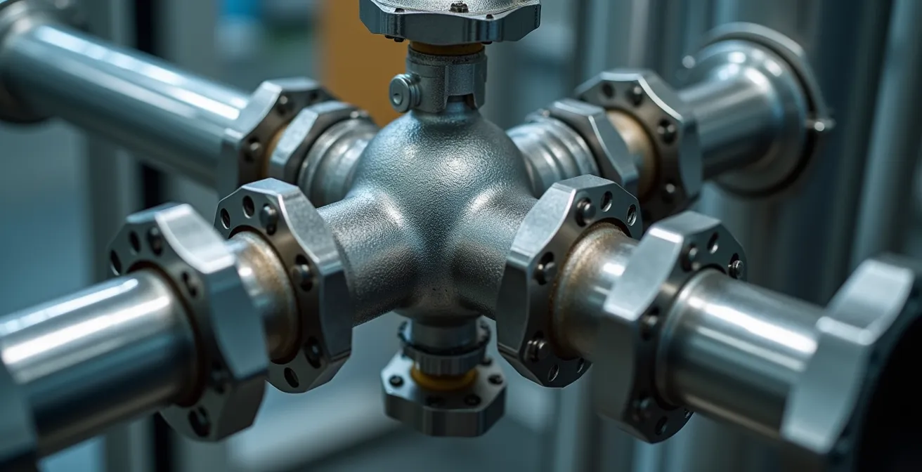 Close-up of modern industrial piping system with pressure monitoring equipment