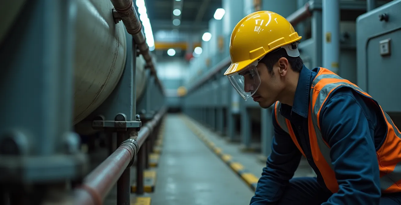 Emergency response team member checking chemical containment area