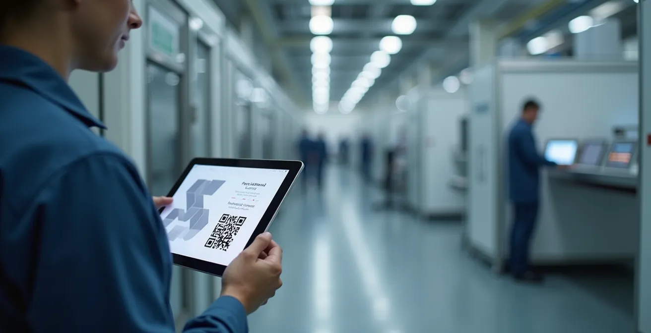 Factory operator using interactive digital SOP system on production floor