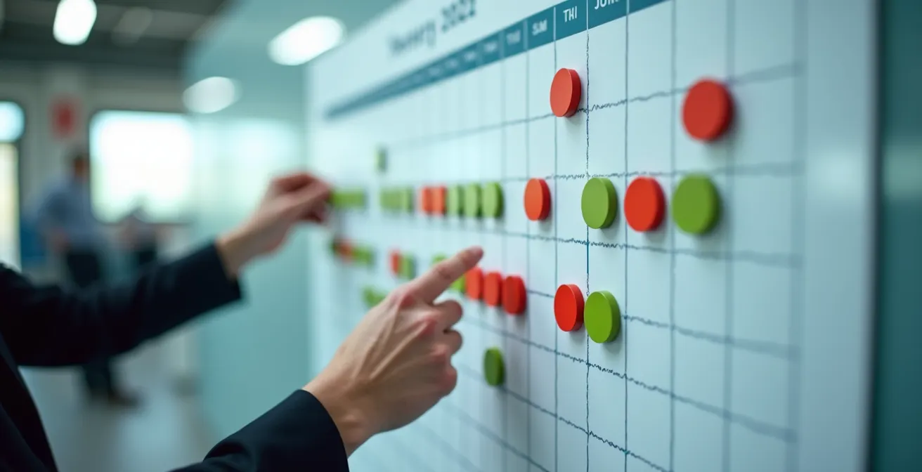 Manufacturing team reviewing daily Kaizen tracking board with green and red markers