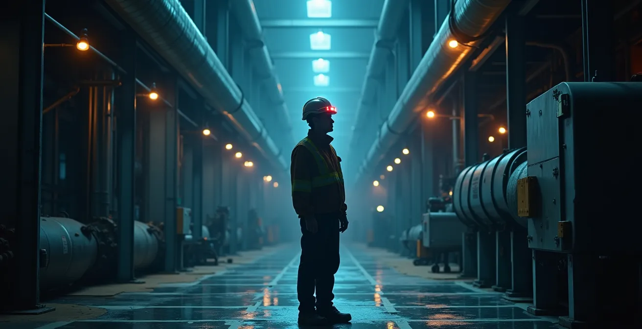 Industrial worker in isolated area with mesh network connectivity visualization