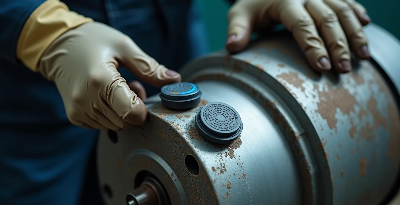 Close-up of hands installing wireless vibration sensor on motor