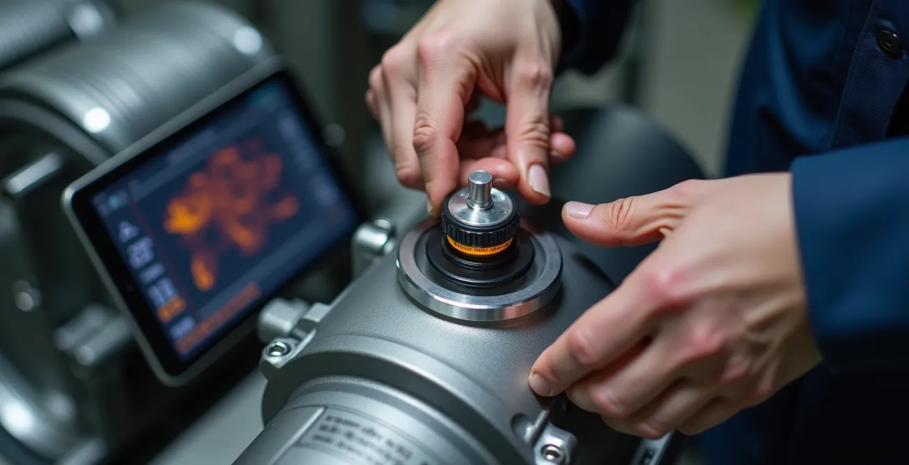 Close-up of technician installing wireless vibration sensor on industrial motor bearing housing