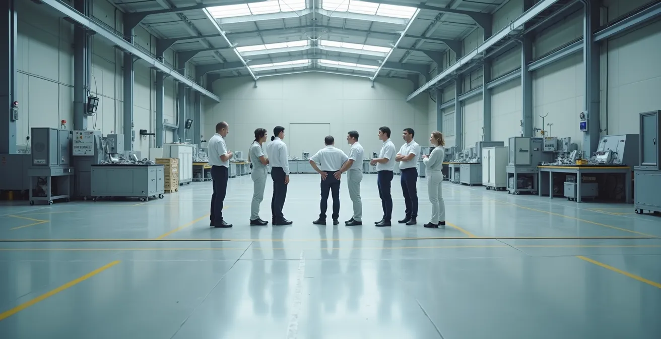 Wide view of manufacturing training session with operators and supervisor on clean production floor