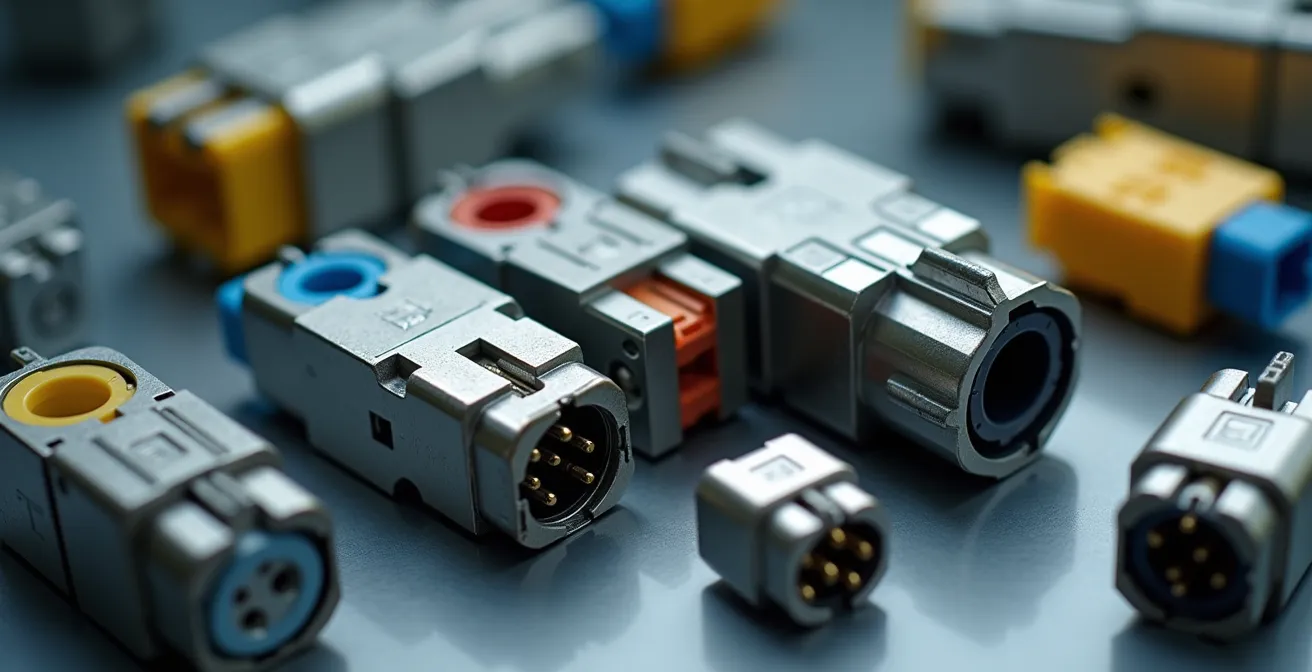 Close-up of standardized industrial electrical connectors for modular equipment compatibility