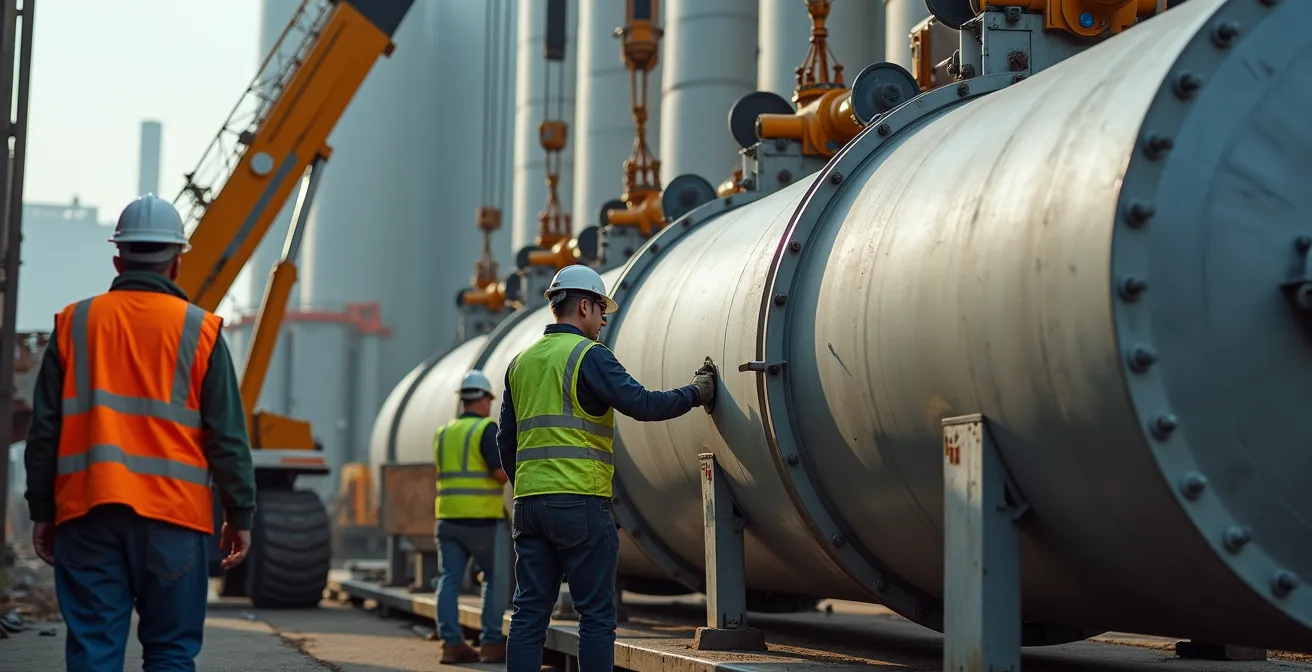 Prefabricated modular scrubber components being assembled at industrial site with crane operations