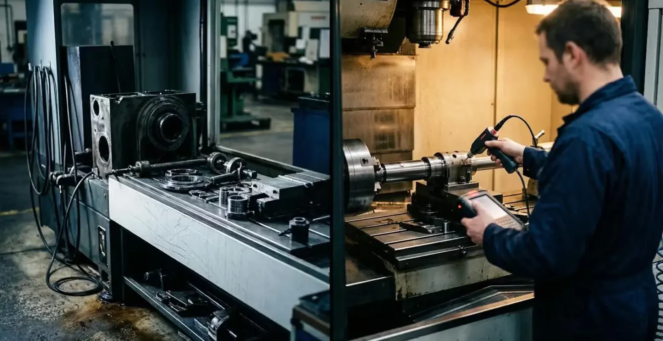 Split-screen comparison of traditional CMM workflow versus on-machine inspection process