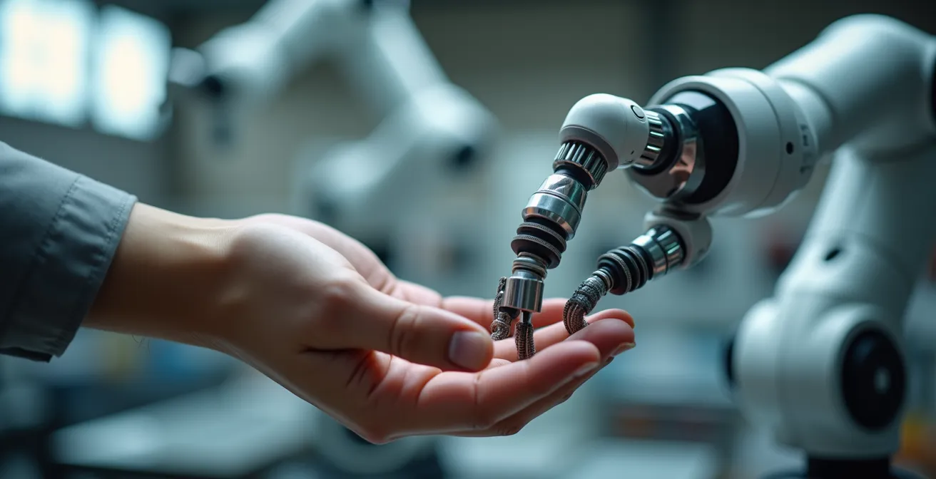 Factory worker using hand-guiding to program a collaborative robot arm through a new task sequence