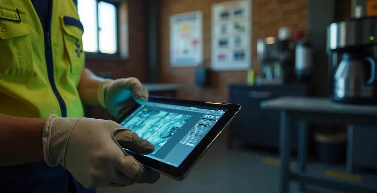 Factory operator testing HMI interface prototype on tablet in industrial break room