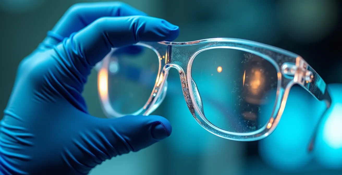 Extreme close-up of safety glasses material texture and quality markers