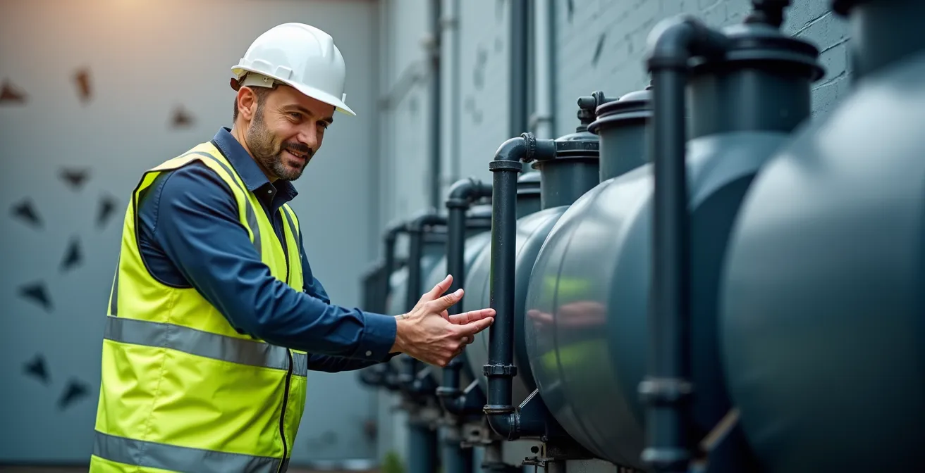 Worker inspecting modern rainwater harvesting installation on industrial facility