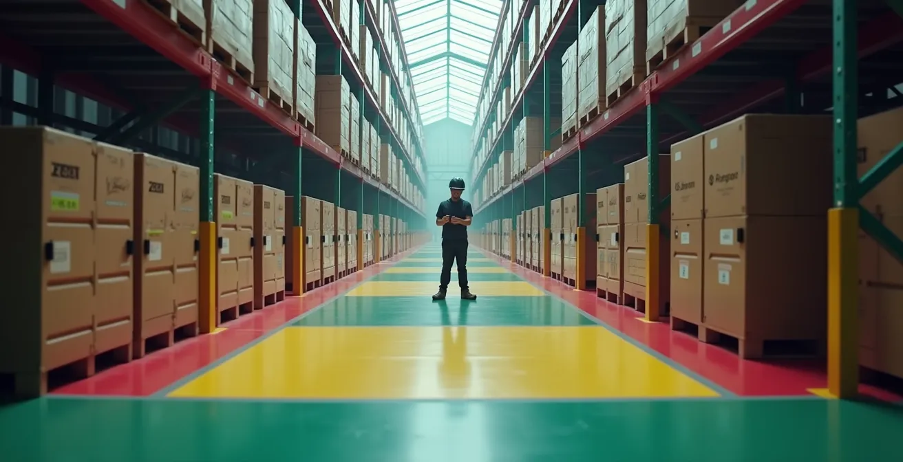 Wide angle view of organized PPE warehouse with tiered inventory zones