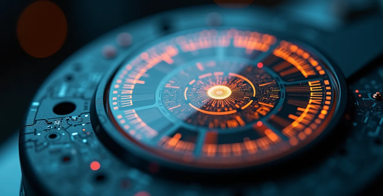 Extreme close-up of a sensor integrated into a piece of smart PPE, showing intricate technology.