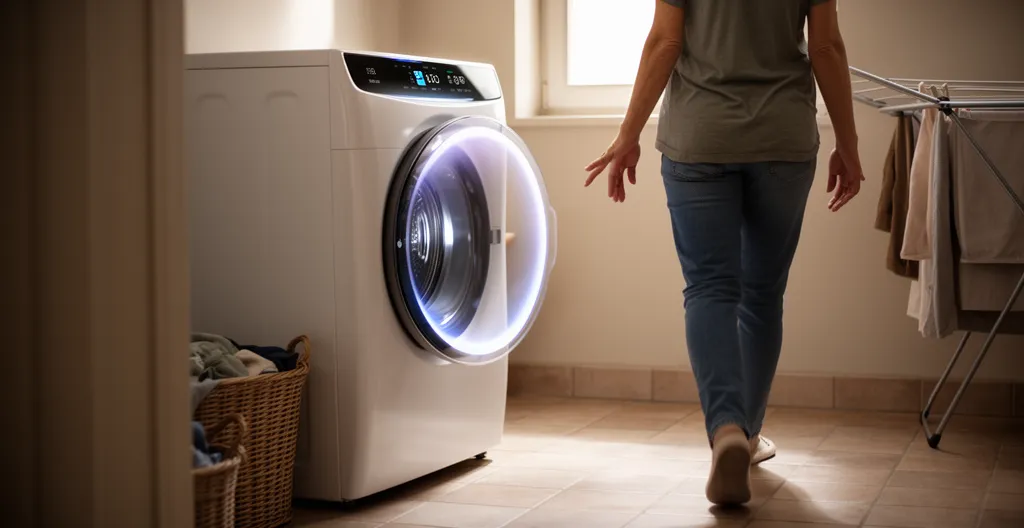 Connected washing machine operating while person walks away