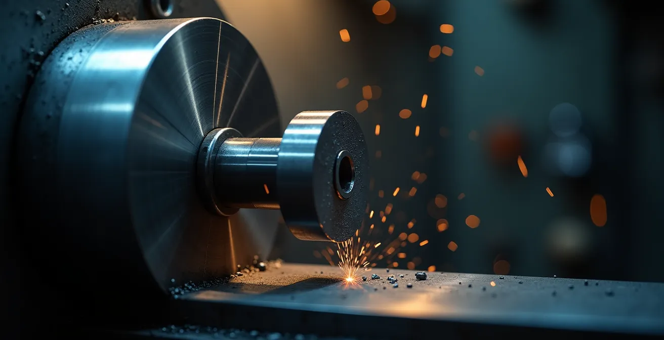Close-up macro shot of industrial lathe with motion blur showing stroboscopic effect danger