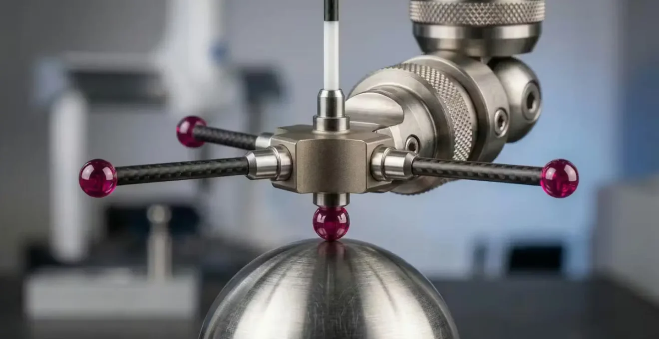 Extreme close-up of complex star probe configuration on calibration sphere