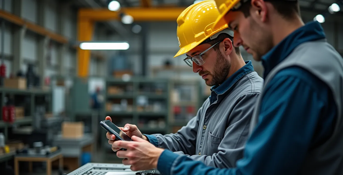 Manufacturing operator demonstrating SOP creation with smartphone video recording